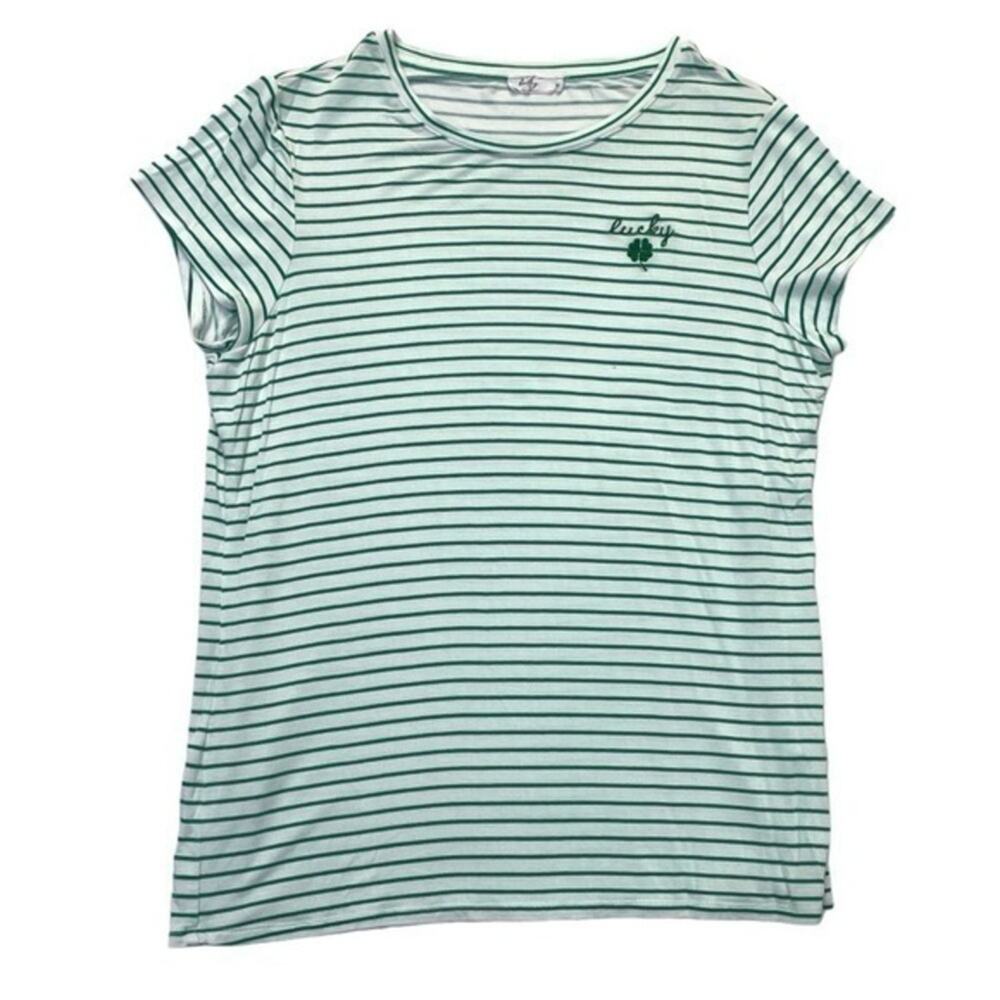 Kelly Green & White Striped Lucky Embroidered Tee Women’s Size Medium